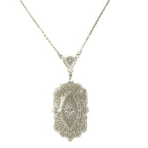 14 Karat White Gold Camphor Glass Diamond Pendant Necklace #16765